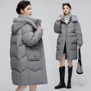 Зимняя новая мода, свободная и модная съемная шапка, утепленная куртка женская средней длины с утолщенной талией M чёрный