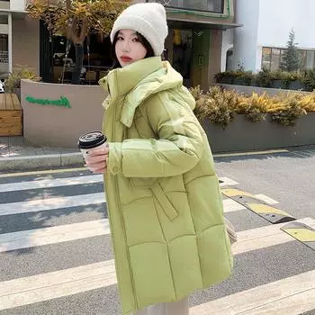 Зимняя новая мода свободная пуховая одежда с хлопковой подкладкой женская средняя и длинная куртка с капюшоном контрастного цвета с утолщенной хлопковой подкладкой M белый