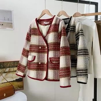 Зимняя новая мода темперамент V-образный вырез клетчатая ретро двубортная бархатная утолщенная свободная теплая куртка S recommends 80-47.5 kg