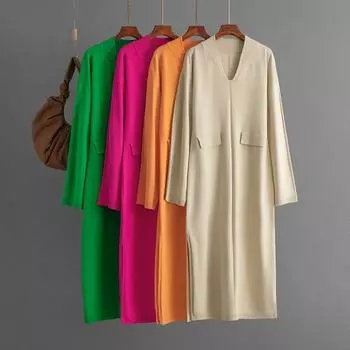 Зимняя новая мода V-образный вырез однотонный повседневный свободный трикотажный свитер платье для женщин осеннее разрезное длинное рукав длинное платье элегантный One Size чёрный