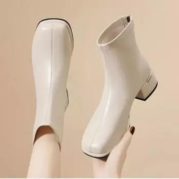 Зимняя новая модная кожаная верхняя одежда с круглым носком и молнией сзади на высоком каблуке для теплых и удобных больших размеров голых ботинок 35 чёрный