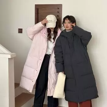 Зимняя новая модная куртка выше колена, свободная, с капюшоном, теплая, белая, пуховая куртка средней и длинной длины 2024 S