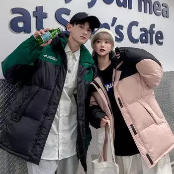 Зимняя новая мужская корейская версия контрастного цвета с капюшоном, утолщенная теплая белая пуховая куртка, модная пара, интернет-знаменитость, тот же стиль, куртка M