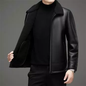 Зимняя новая мужская кожаная куртка, модная повседневная флисовая утолщенная кожаная куртка с лацканами, кожаная куртка с меховым покрытием 170 чёрный