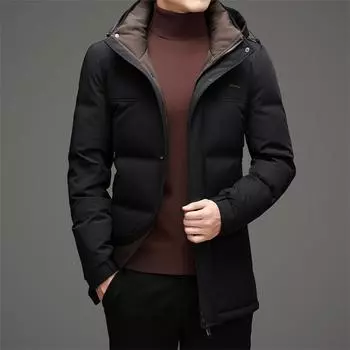 Зимняя новая мужская куртка-пуховик из молочного шелка средней длины с белым утиным пухом для среднего возраста, теплая повседневная куртка с капюшоном M темно-синий