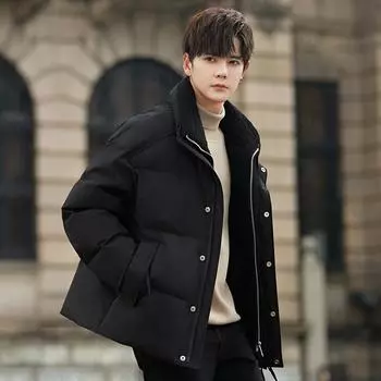 Зимняя новая мужская куртка-пуховик с воротником-стойкой для подростков, утолщенный шерстяной кожаный свитер, интегрированная куртка Parker M чёрный