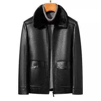 Зимняя новая мужская меховая универсальная мужская деловая повседневная бархатная утолщенная кожаная куртка с лацканами среднего возраста, пальто с мехом M чёрный