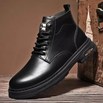 Зимняя новая мужская рабочая обувь 2024 года, теплая бархатная мужская обувь для альпинизма на открытом воздухе, модная обувь из натуральной кожи с высоким верхом 38 чёрный