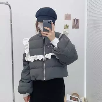 Зимняя новая нишевая дизайнерская маленькая кружевная короткая куртка из 90% белого утиного пуха для женщин S [recommended 80-62.5kg] серый