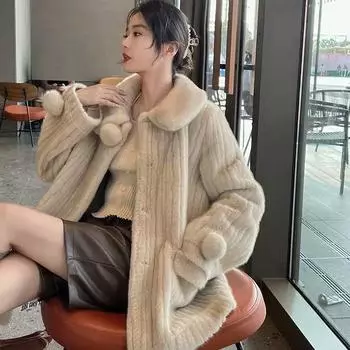 Зимняя новая норковая шуба из цельного норкового меха, длинная, экологически чистая, имитация норки из норки S [within 57.5 kg]