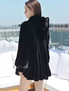 Зимняя новая норковая шуба женская цельная норковая полоска норковая шерсть с капюшоном средняя и длинная искусственная шуба большой размер M чёрный