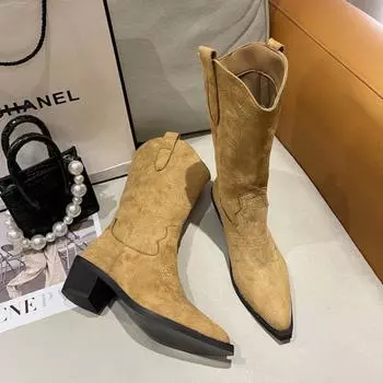 Зимняя новая обувь 2024 года с острым носком и толстым каблуком, большие женские туфли, модные теплые коричневые туфли на высоком каблуке, универсальные туфли из замши, женские туфли 35 светло-коричневого