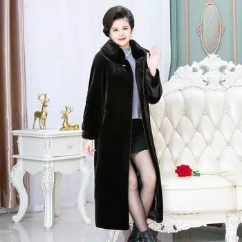 Зимняя новая одежда для женщин среднего возраста больших размеров, длинная шуба выше колена, одежда для мам, шуба из искусственной норки L чёрный