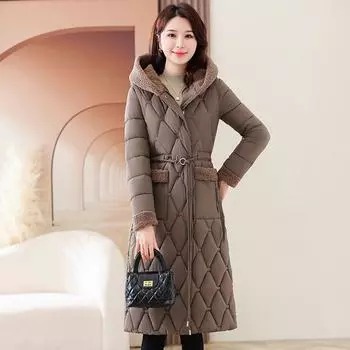 Зимняя новая одежда из хлопка с капюшоном, пуховая, глянцевая, с хлопковой подкладкой, со шнуровкой в виде ромба, средняя и длинная одежда из хлопка, зимняя одежда L хаки