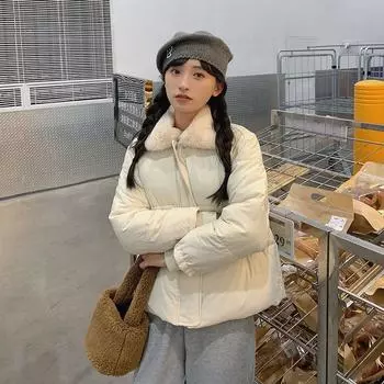 Зимняя новая одежда на хлопковой подкладке для студенток простая куртка на хлопковой подкладке из овечьей шерсти короткая куртка утолщенная и тонкая свободная одежда на хлопковой подкладке S (recommended 70-55kg)