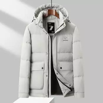 Зимняя новая однотонная жаккардовая куртка средней длины с тремя защитными свойствами для мужчин, утолщенная белая утиная пуховая куртка с капюшоном для мужчин M бежевый