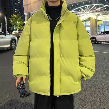 Зимняя новая пара хлопковая одежда поддельные два гонконгских стиля красивая короткая мужская термокуртка утолщенный воротник-стойка однотонный хлопок M чёрный