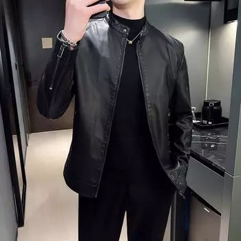 Зимняя новая приталенная тонкая мужская куртка из искусственной кожи с простыми лацканами, повседневная мягкая куртка M чёрный