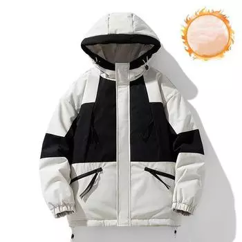 Зимняя новая японская свободная куртка с капюшоном в стиле пэчворк на хлопковой подкладке, утепленная тенденция для всех мужчин и женщин с одним и тем же пальто S белый