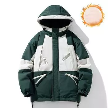 Зимняя новая японская свободная куртка с капюшоном в стиле пэчворк на хлопковой подкладке, утепленная тенденция для всех мужчин и женщин с одним и тем же пальто S коричневый