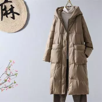 Зимняя новая ретро белая утиная пуховая куртка средней и длинной длины с капюшоном, женская однотонная тонкая теплая куртка до колена M чёрный