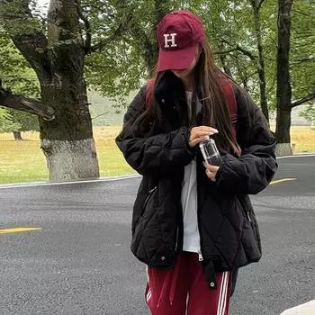 Зимняя новая ромбовидная хлопковая одежда женская маленькая хлебная одежда пара хлопковая одежда бежевый черный S бежевый