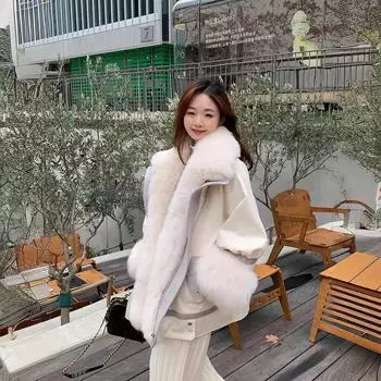 Зимняя новая съемная искусственная лисья шерсть большой меховой воротник шуба женская пирог преодоленный утолщенный теплый средней и длинной длины S (85-57.5 kg) хаки
