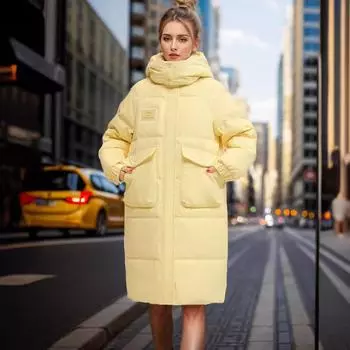 Зимняя новая съемная шапка из белого утиного пуха женская средняя и длинная утепленная куртка до колена женское пальто S чёрный