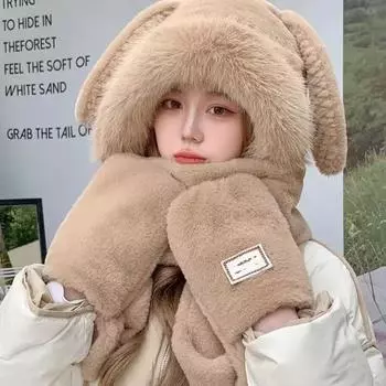 Зимняя новая шапка с кроличьими ушками, шарф, встроенная теплая защита для ушей, милые плюшевые перчатки, шарф, комплект из трех предметов для женщин