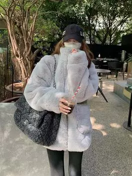Зимняя новая шуба из искусственного меха кролика женская утолщенная воротник-стойка для молодых женщин экологически чистое плюшевое пальто средней и длинной длины S (recommended 90-60kg) серебряный серый