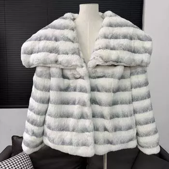 Зимняя новая шуба из кролика, женская шуба с коротким лацканом, модная теплая шуба из шиншиллы, пальто average size грязно-белый