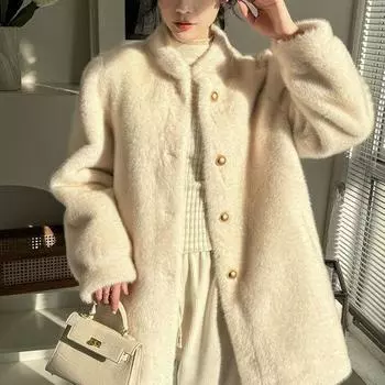 Зимняя новая шуба из меха средней и длинной норки с воротником-стойкой, утолщенное пальто из искусственной норки, пальто с хлопковой подкладкой для женщин M