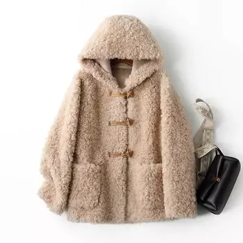 Зимняя новая шуба из ягненка, шуба женская, свободная, короткая, с капюшоном, шуба из овечьей шерсти, утолщенная S within 59 kg