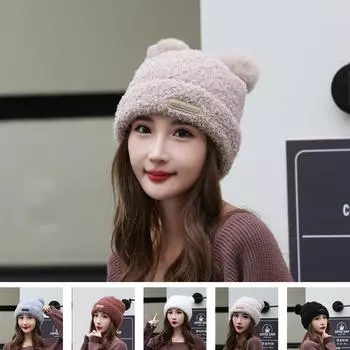 Зимняя новая симпатичная плюшевая теплая вязаная шапка универсальная маленькая корейская версия шерстяной шапки