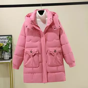 Зимняя новая средняя и длинная куртка пуховик с капюшоном утолщенная свободная и тонкая куртка M