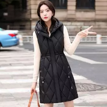 Зимняя новая средняя и длинная выше колена большого размера с капюшоном пуховый жилет хлопковый жилет женский жилет Tide M 80-55 kg серый