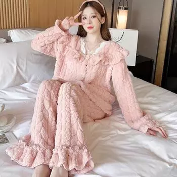 Зимняя новая стильная длинная плюшевая пижама женская кружевная принцесса стиль утолщенный коралловый бархат 280k милый милый фланелевый домашний костюм M