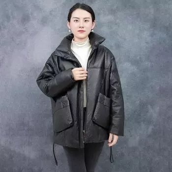 Зимняя новая стильная куртка из натуральной овчины большого размера свободного покроя, черная повседневная теплая куртка S