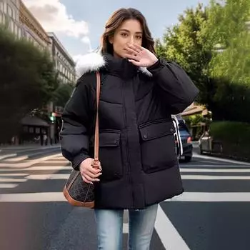 Зимняя новая свободная и тонкая короткая одежда с большим меховым воротником из утолщенного хлопка, куртка женская S чёрный