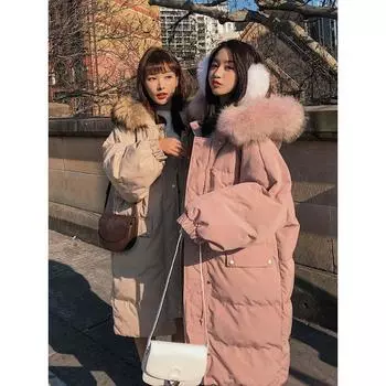 Зимняя новая свободная куртка с большим воротником из шерсти, женская длинная сетка, красная, Ins, ленивая, ветрозащитная куртка, стеганая куртка S чёрный