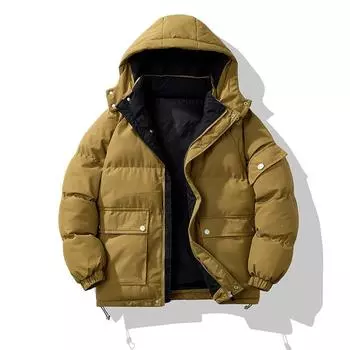 Зимняя новая тенденция мужская одежда с капюшоном на хлопковой подкладке молодежное повседневное свободное утолщенное однотонное пальто M