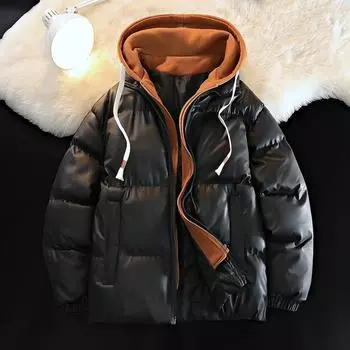 Зимняя новая теплая свободная поддельная двухслойная хлопковая утепленная одежда мужская трендовая модная толстая хлопковая утепленная куртка с капюшоном M чёрный