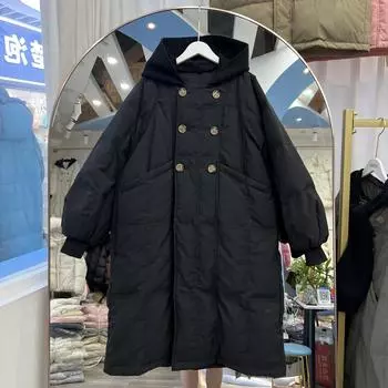 Зимняя новая трикотажная куртка с капюшоном для женщин, средняя и длинная, до колена, свободная, утолщенная, белая, на утином пуху S чёрный