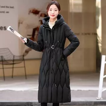 Зимняя новая удлиненная хлопковая утепленная одежда, женская свободная хлопковая куртка с капюшоном M чёрный