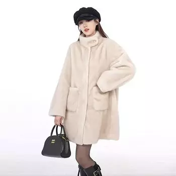 Зимняя новая универсальная простая меховая интегрированная длинная норковая шерсть утолщенная экологически чистая меховая шуба женская S 80-52.5 kg абрикосовый