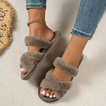 Зимняя новая высококачественная женская обувь 2024 года, модные однотонные женские туфли на плоской подошве с открытым носком, повседневные домашние замшевые тапочки 36 хаки