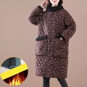 Зимняя новая женская хлопковая парка, одежда с цветочным принтом, бархатная, толстая, сохраняющая тепло, с капюшоном, дамское хлопковое пальто средней длины
