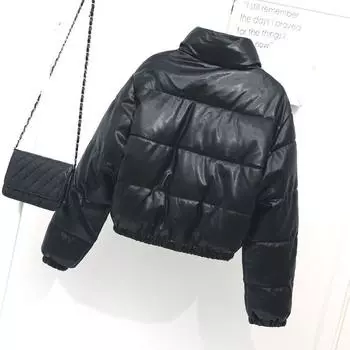 Зимняя новая женская кожаная куртка с хлопковой подкладкой, застежка-молния, воротник-стойка, короткая куртка, куртка с хлопковой подкладкой, застежка на подол S чёрный