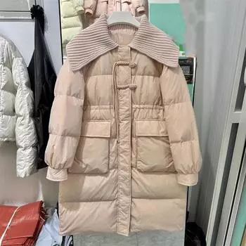 Зимняя новая женская куртка-пуховик 2024 года средней и длинной длины с трикотажным воротником и тонкой декоративной талией, теплая универсальная куртка S recommends within 65 kg розовый