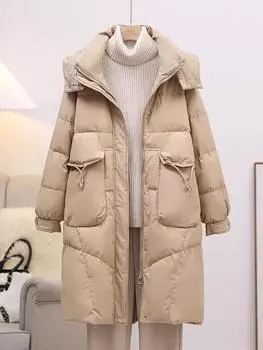Зимняя новая женская куртка-пуховик средней и длинной выше колена, утолщенная, свободная и тонкая, модное трендовое пальто S recommends within 62.5 kg хаки